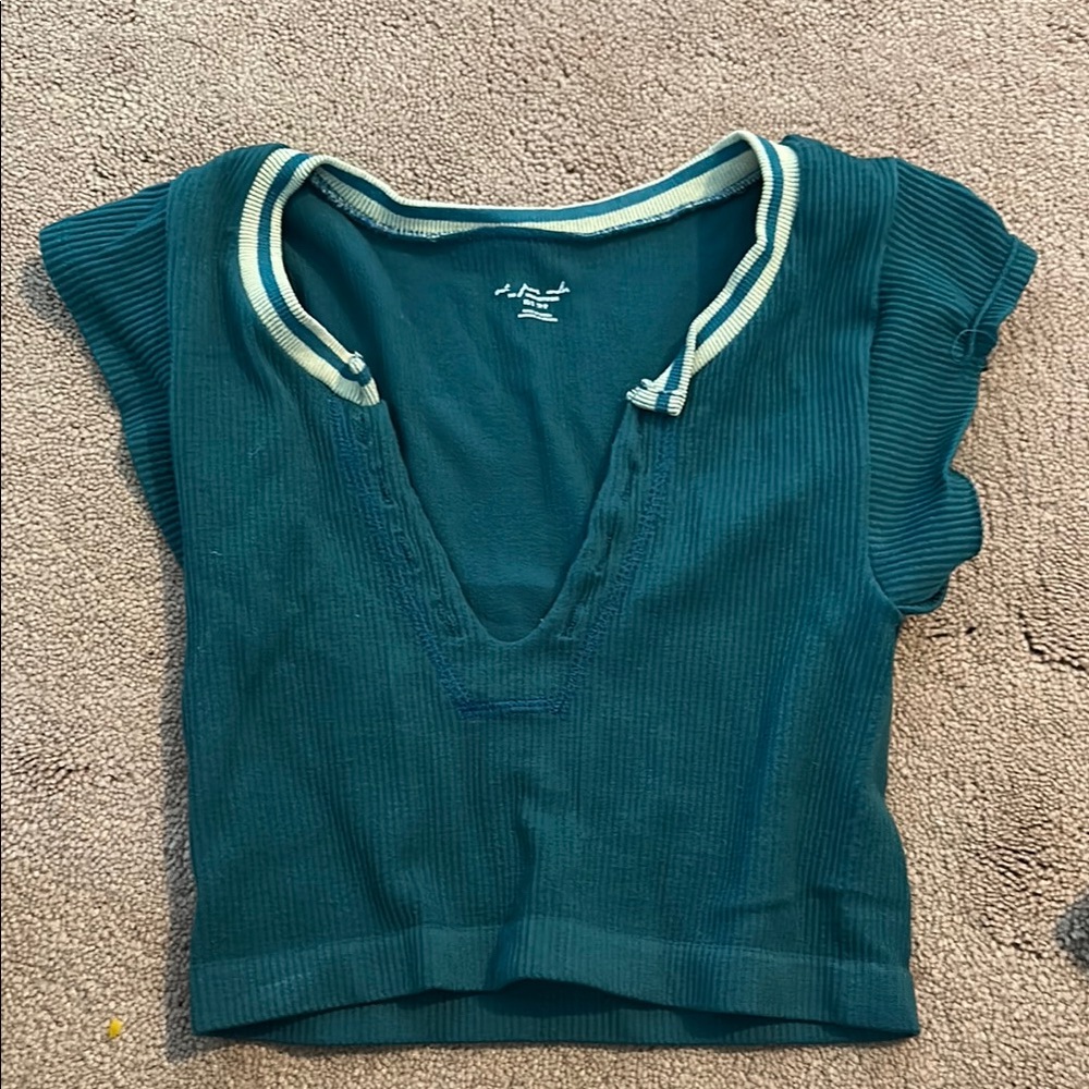 Urban Outfitters Teal and Cream Ribbed Top
